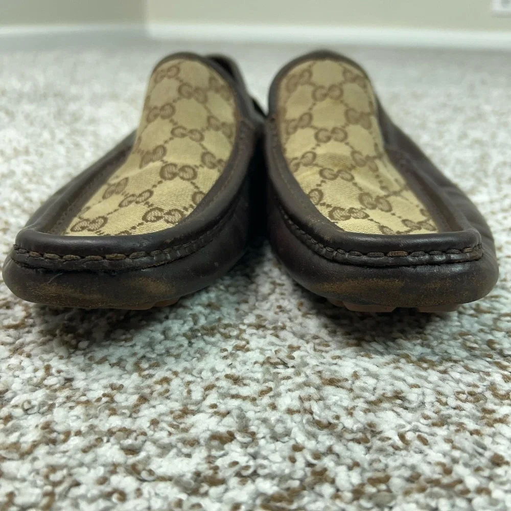 Gucci Mens Shoes Size 7.5 Brown Leather Canvas Loafers Slip On GG Monogram Italy